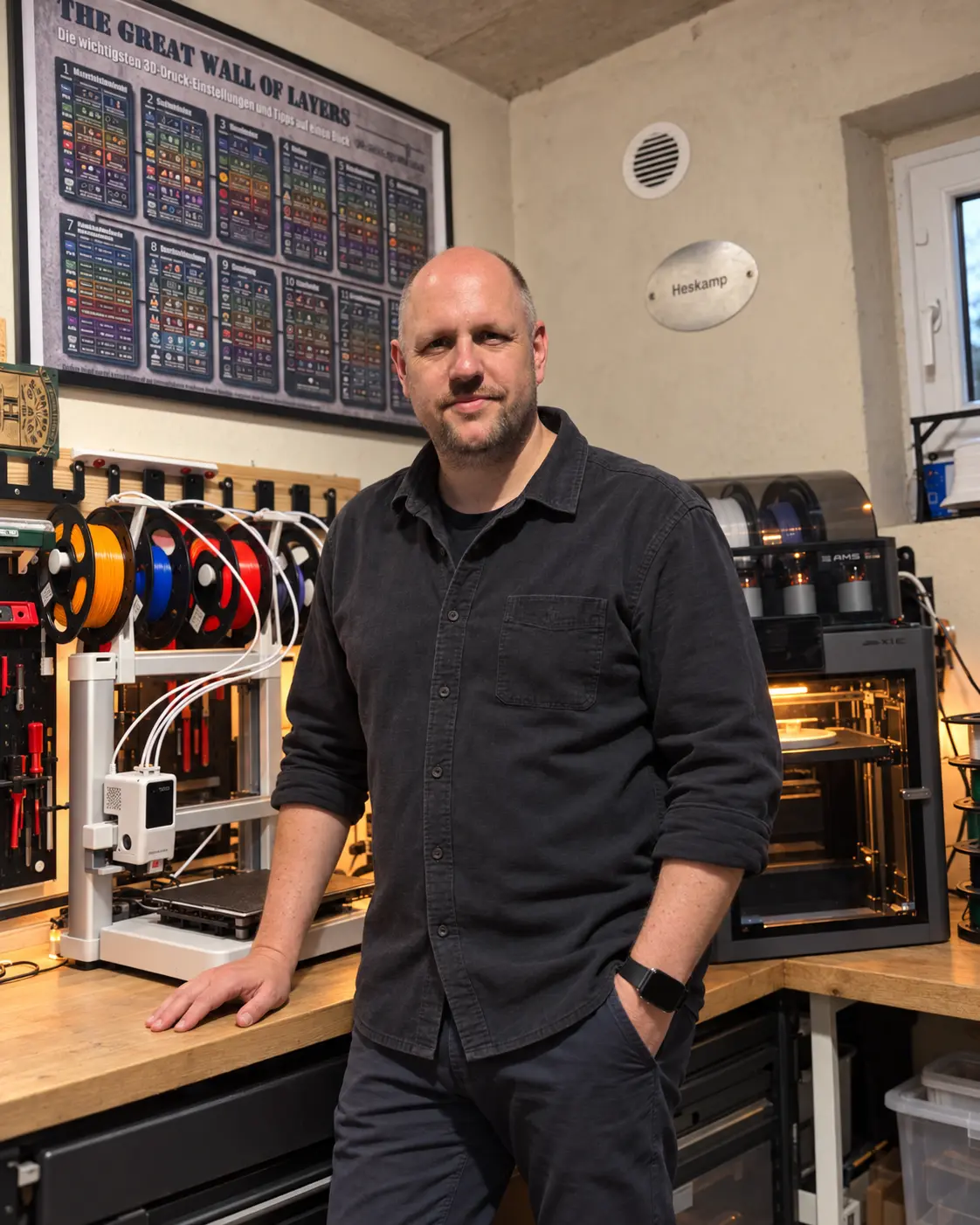 Joe in seiner PapaJoe3D-Werkstatt in Lünne zwischen seinen 3D-Druckern